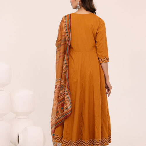 Mustard Anarkali Ajrakh Dupatta suit set