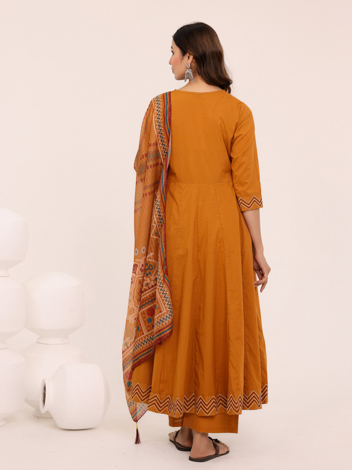 Mustard Anarkali Ajrakh Dupatta suit set