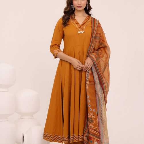 Mustard Anarkali Ajrakh Dupatta suit set