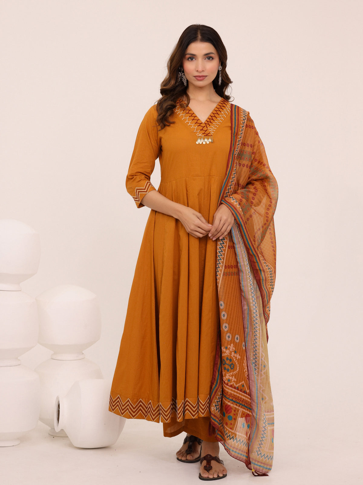 Mustard Anarkali Ajrakh Dupatta suit set