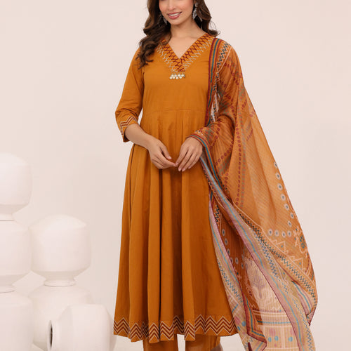 Mustard Anarkali Ajrakh Dupatta suit set