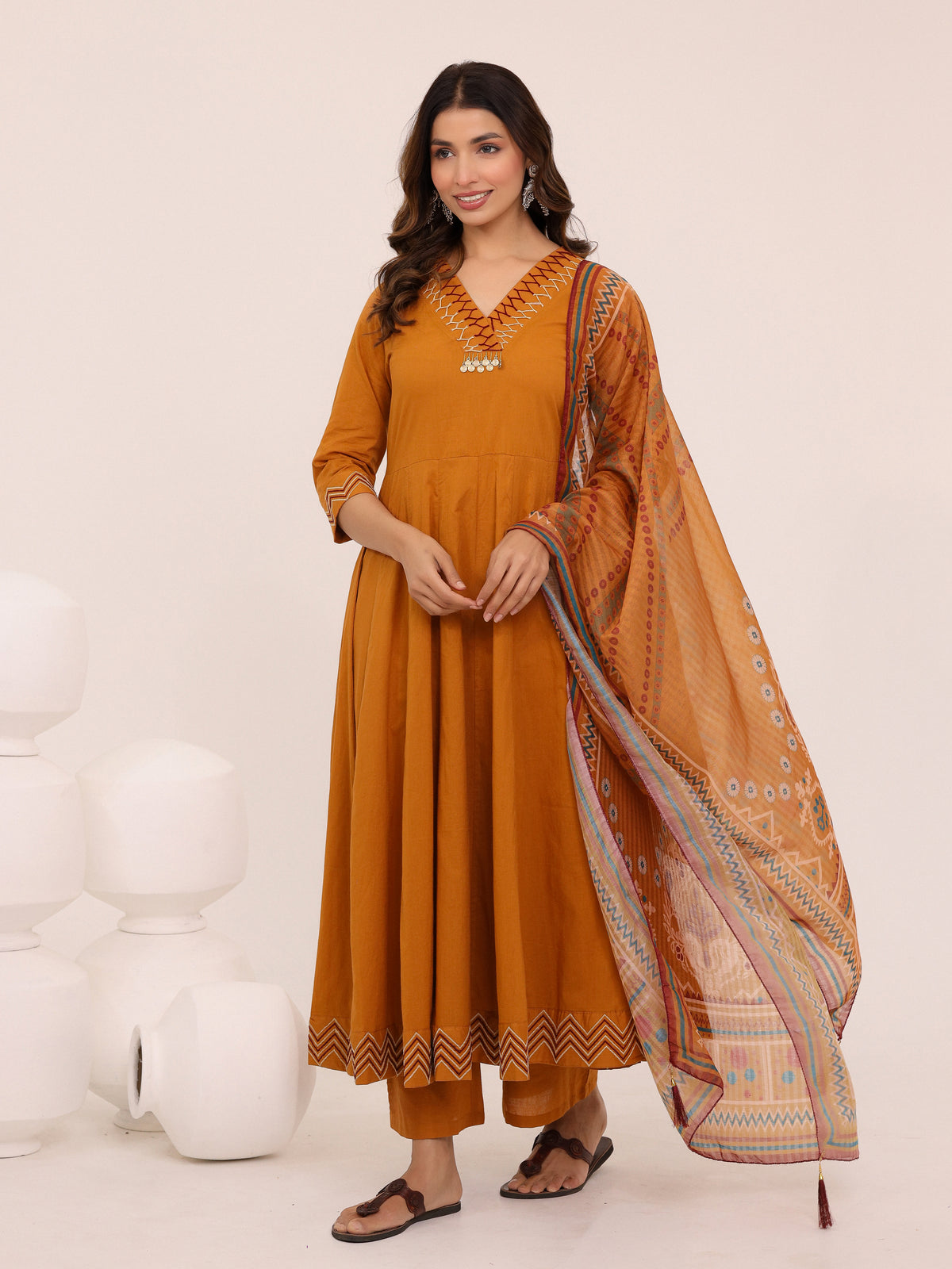 Mustard Anarkali Ajrakh Dupatta suit set
