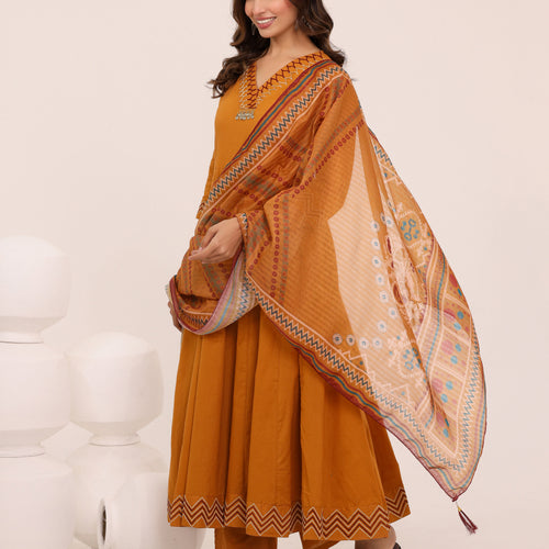 Mustard Anarkali Ajrakh Dupatta suit set