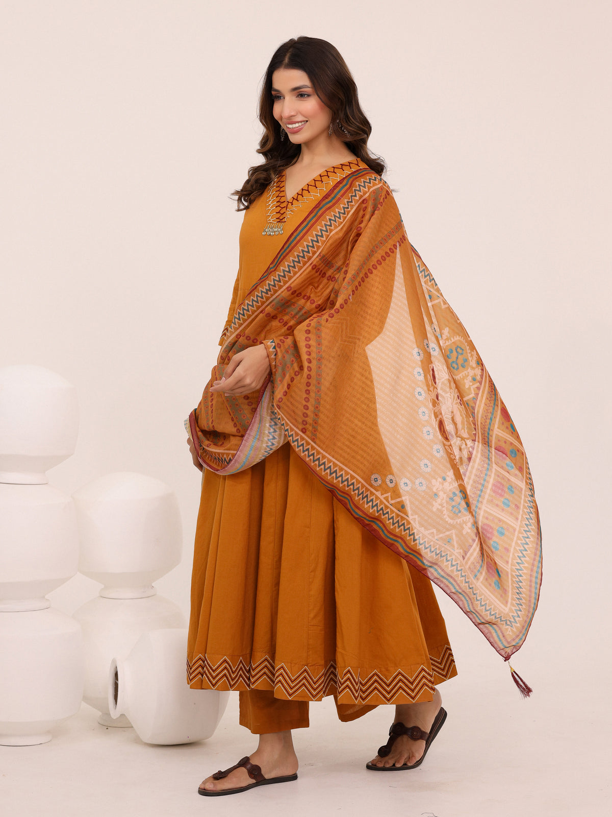Mustard Anarkali Ajrakh Dupatta suit set