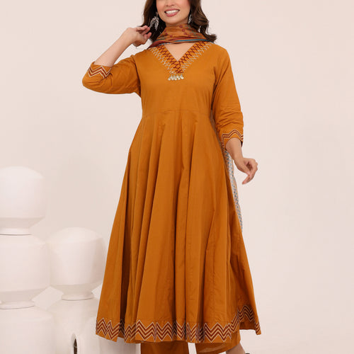 Mustard Anarkali Ajrakh Dupatta suit set