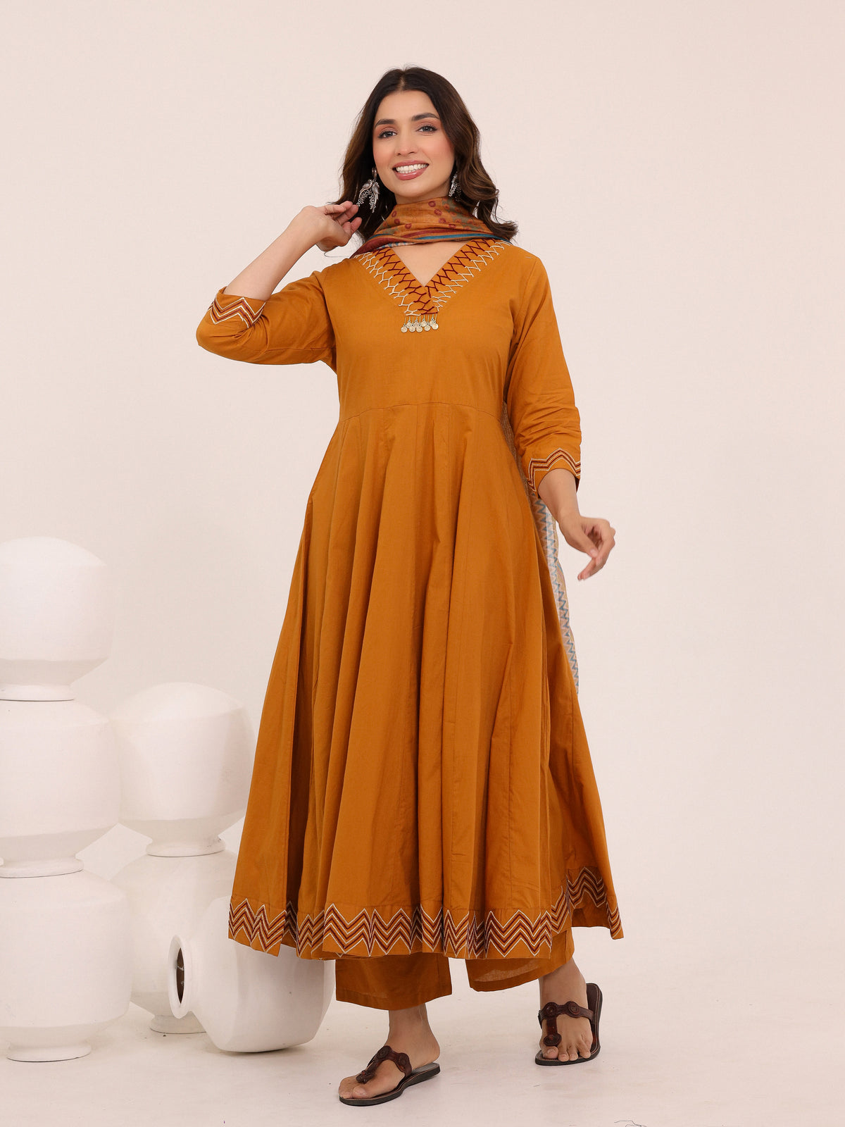 Mustard Anarkali Ajrakh Dupatta suit set