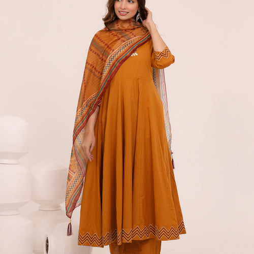 Mustard Anarkali Ajrakh Dupatta suit set