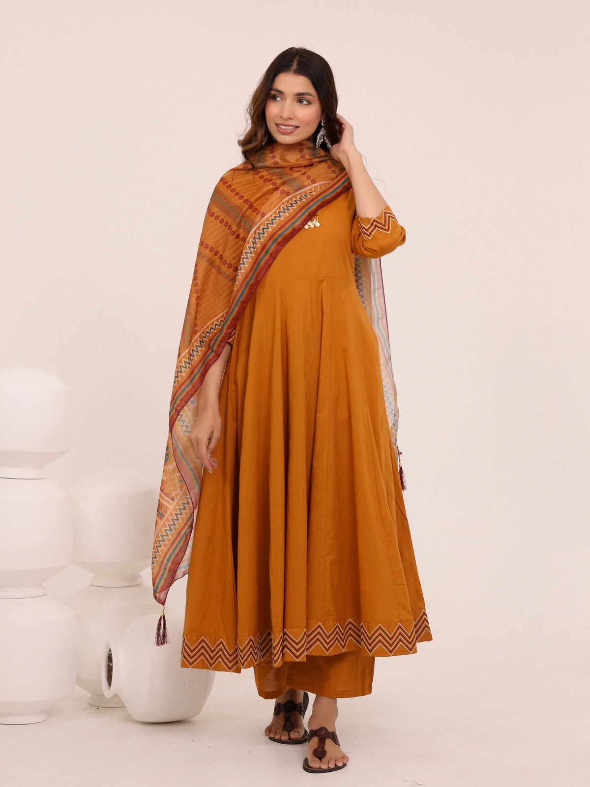 Mustard Anarkali Ajrakh Dupatta suit set