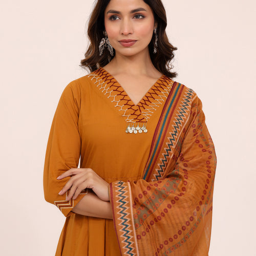 Mustard Anarkali Ajrakh Dupatta suit set