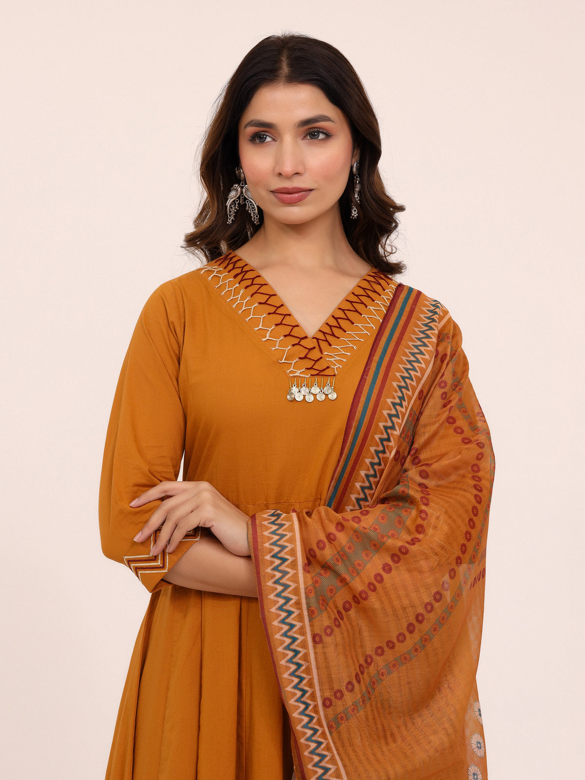Mustard Anarkali Ajrakh Dupatta suit set