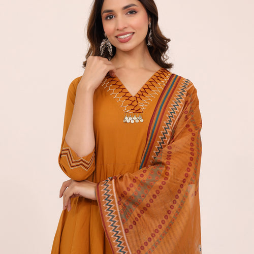 Mustard Anarkali Ajrakh Dupatta suit set