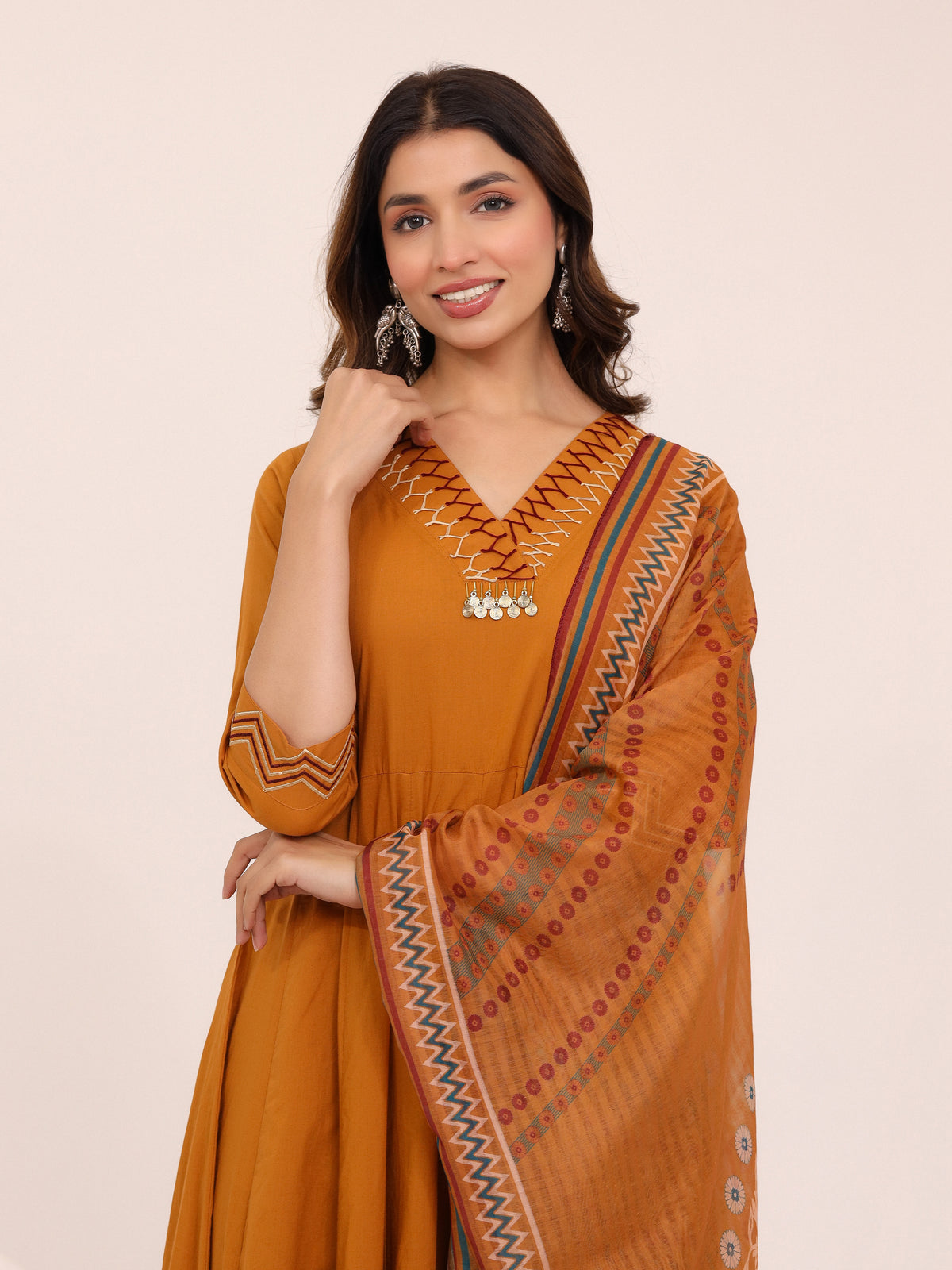 Mustard Anarkali Ajrakh Dupatta suit set