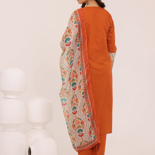 Rust Cotton Printed Dupatta Kurta Set