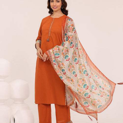Rust Cotton Printed Dupatta Kurta Set