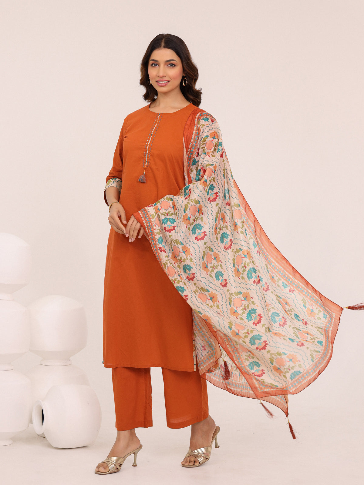 Rust Cotton Printed Dupatta Kurta Set