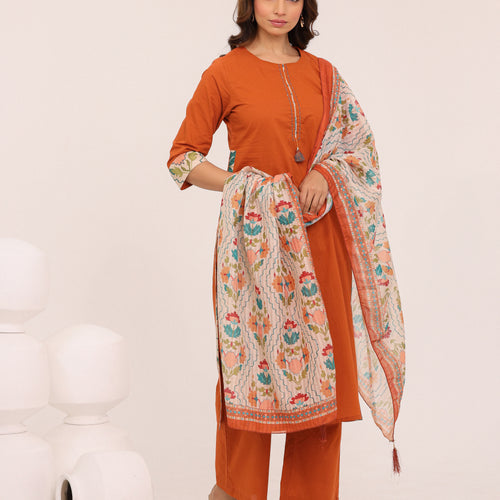 Rust Cotton Printed Dupatta Kurta Set