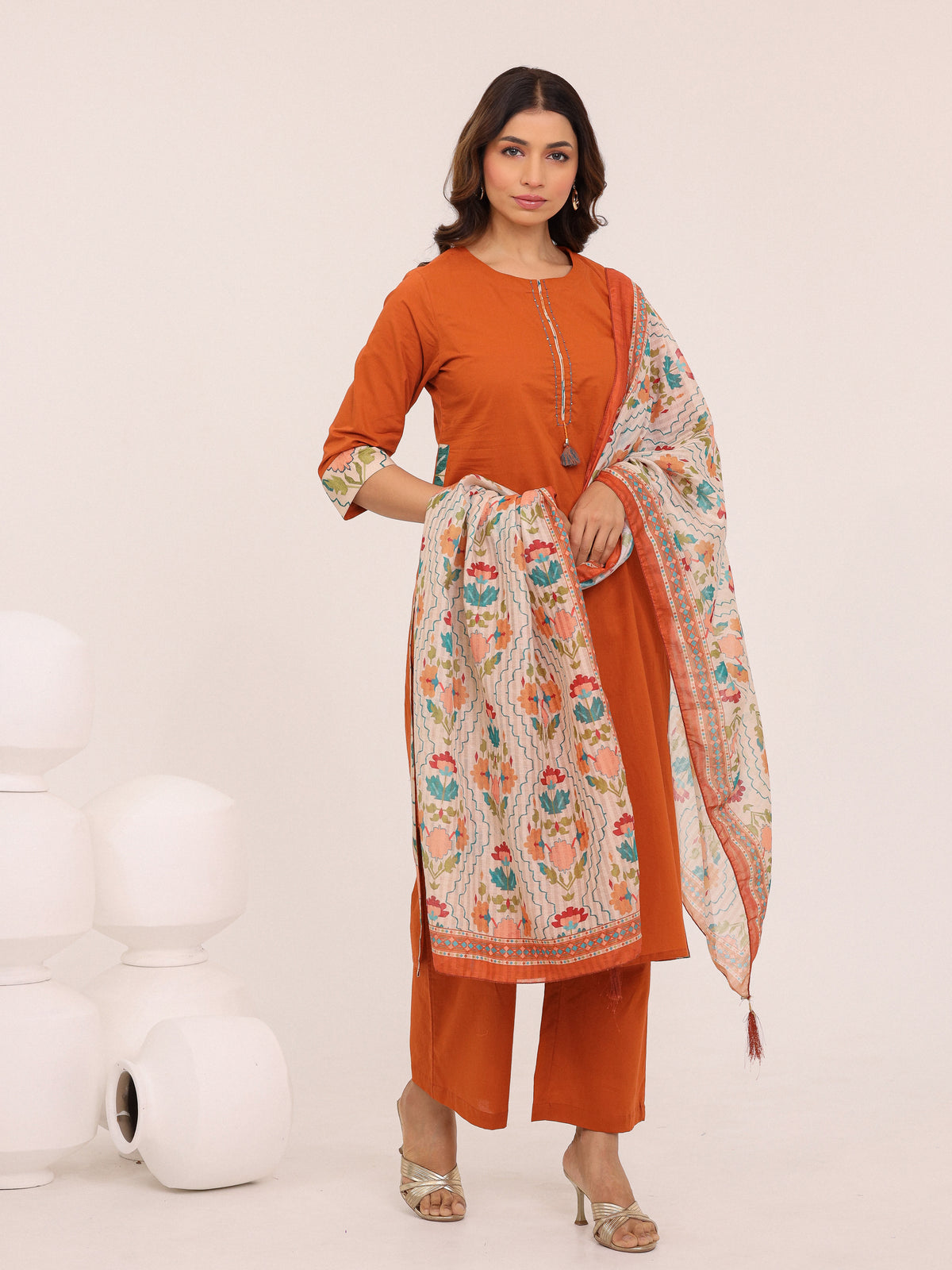 Rust Cotton Printed Dupatta Kurta Set