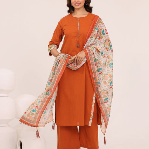 Rust Cotton Printed Dupatta Kurta Set