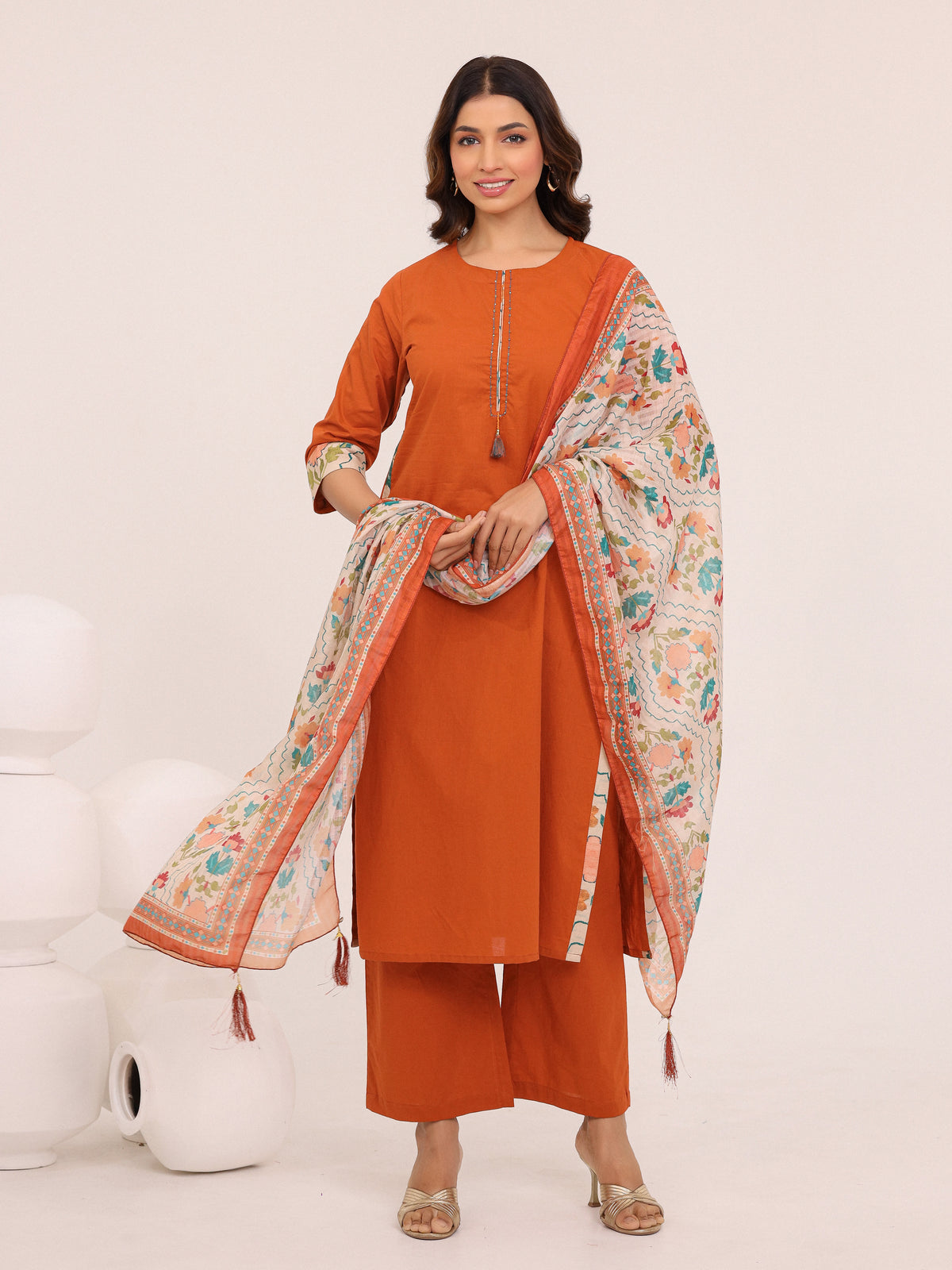 Rust Cotton Printed Dupatta Kurta Set
