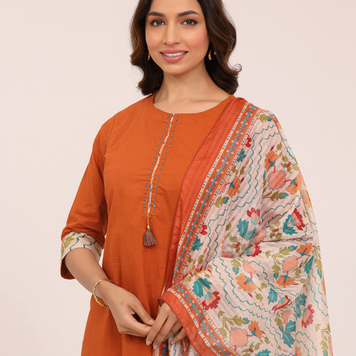 Rust Cotton Printed Dupatta Kurta Set