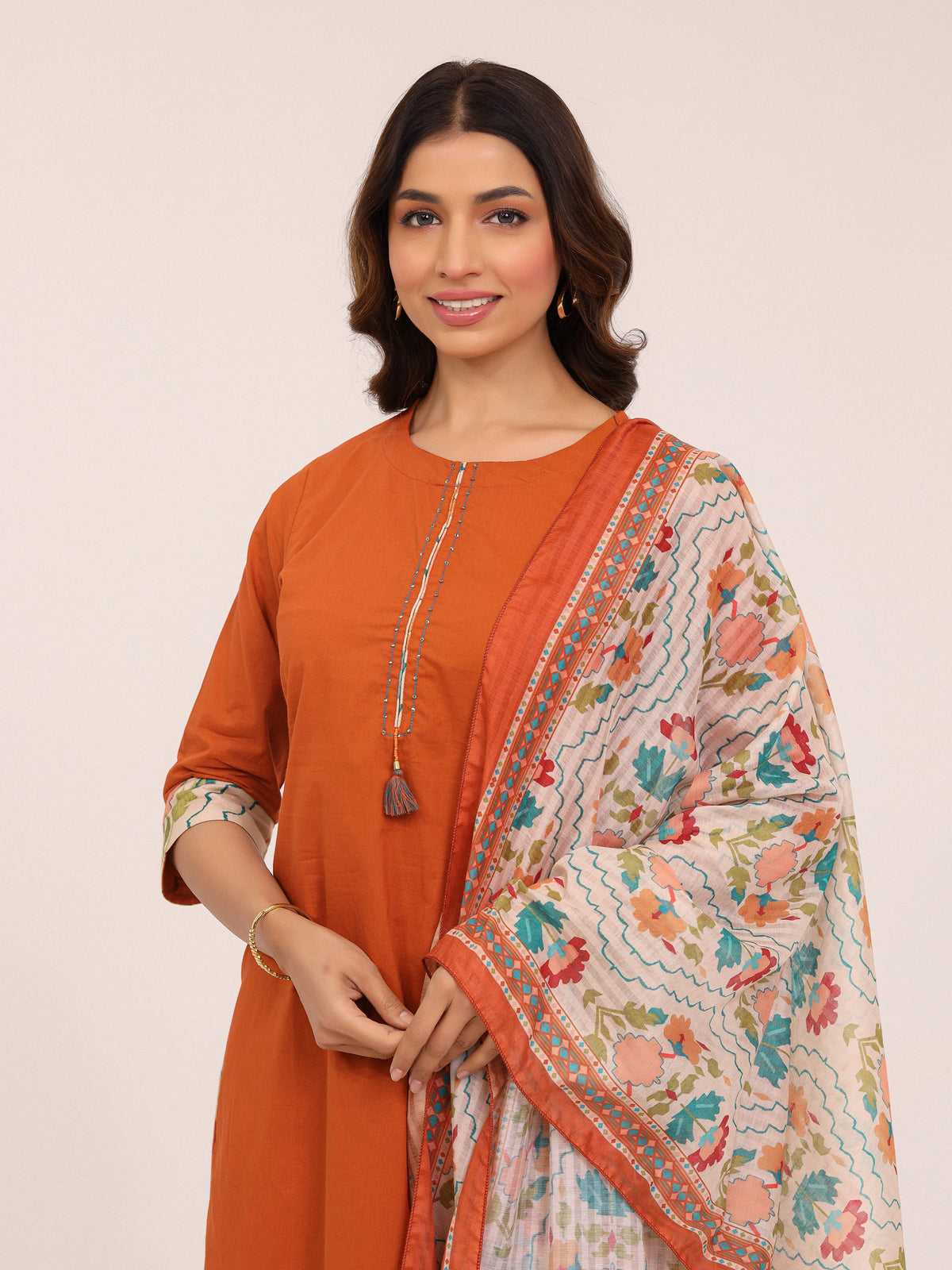 Rust Cotton Printed Dupatta Kurta Set