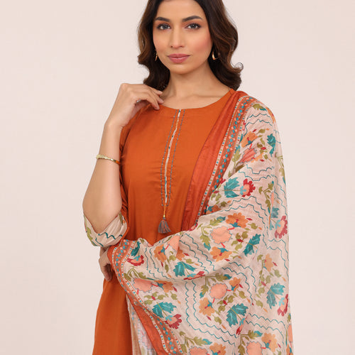 Rust Cotton Printed Dupatta Kurta Set