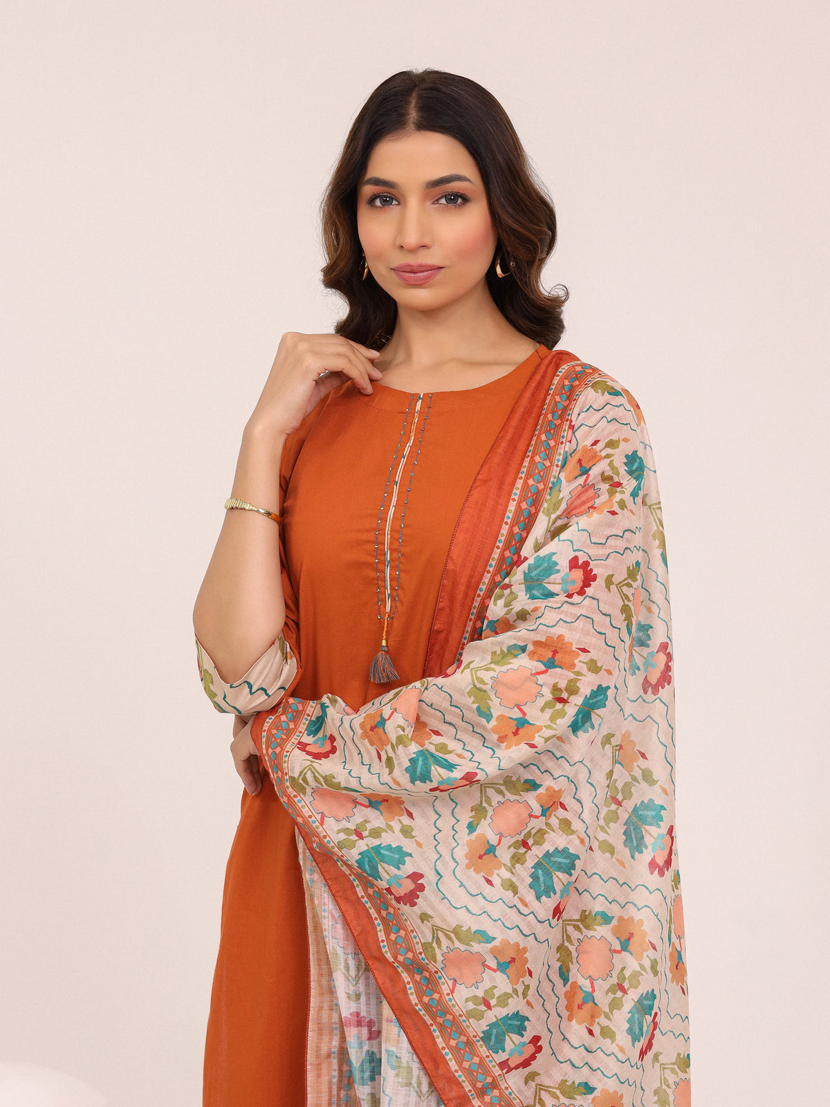 Rust Cotton Printed Dupatta Kurta Set