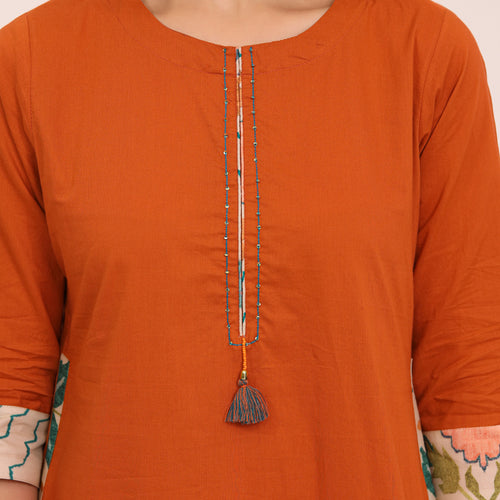 Rust Cotton Printed Dupatta Kurta Set