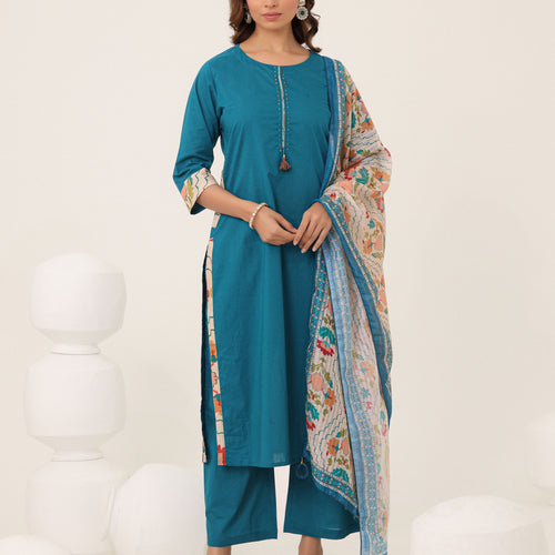 Blue Cotton Printed Dupatta Kurta Set