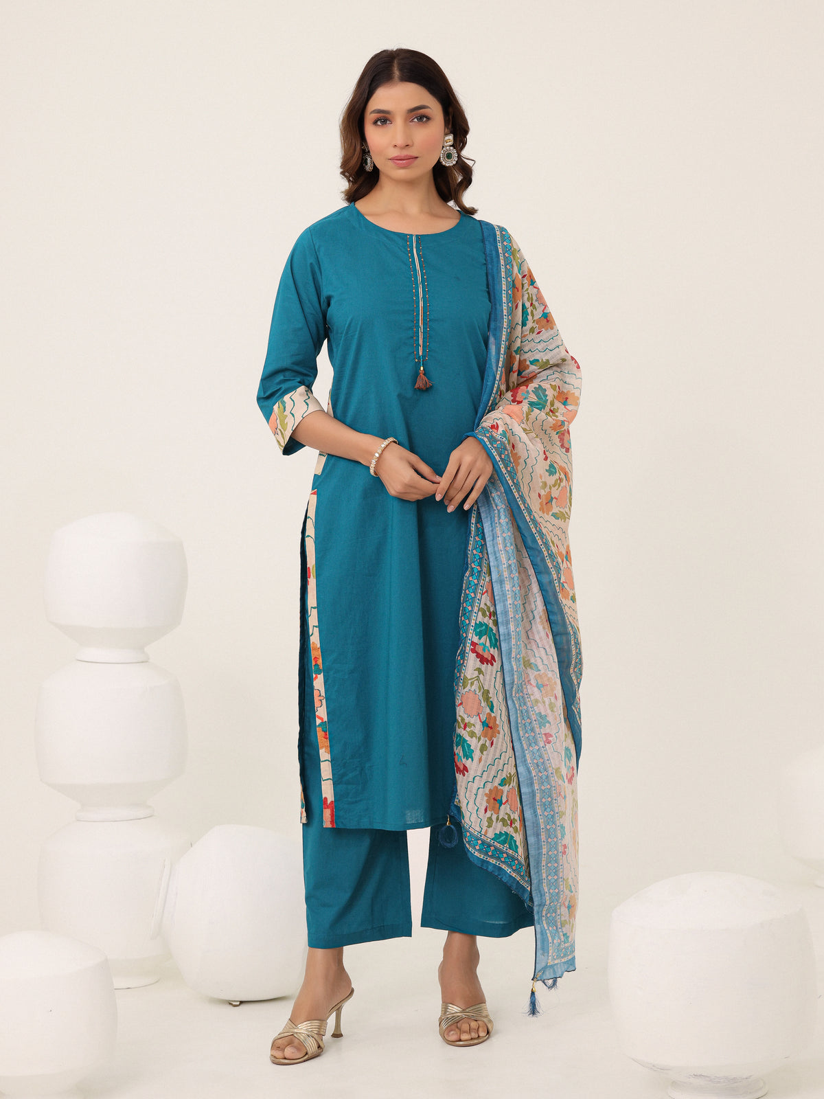 Blue Cotton Printed Dupatta Kurta Set