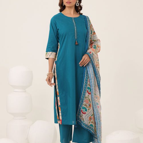 Blue Cotton Printed Dupatta Kurta Set