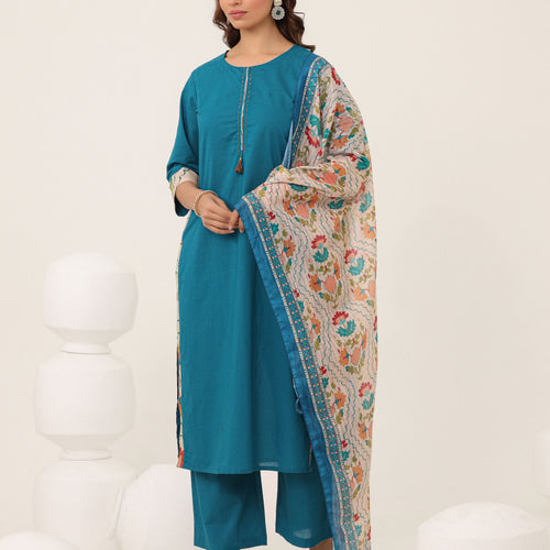 Blue Cotton Printed Dupatta Kurta Set