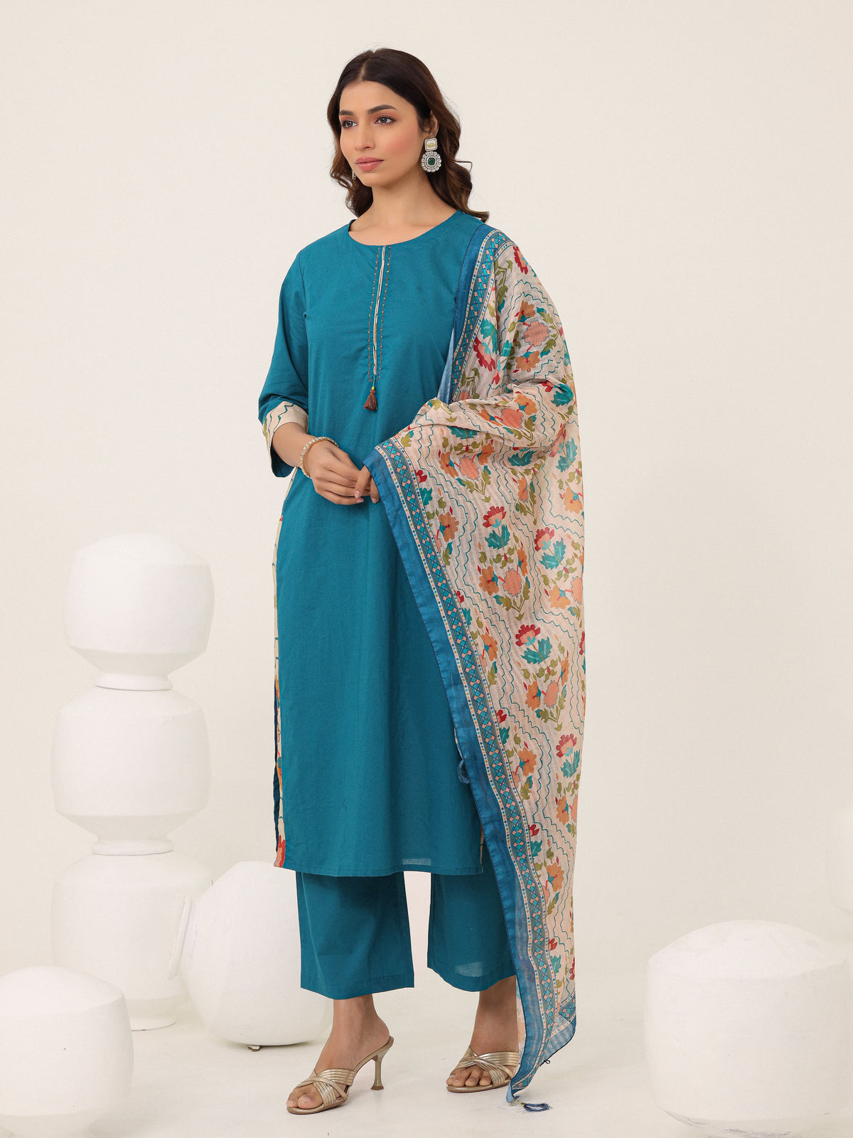 Blue Cotton Printed Dupatta Kurta Set
