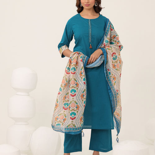 Blue Cotton Printed Dupatta Kurta Set