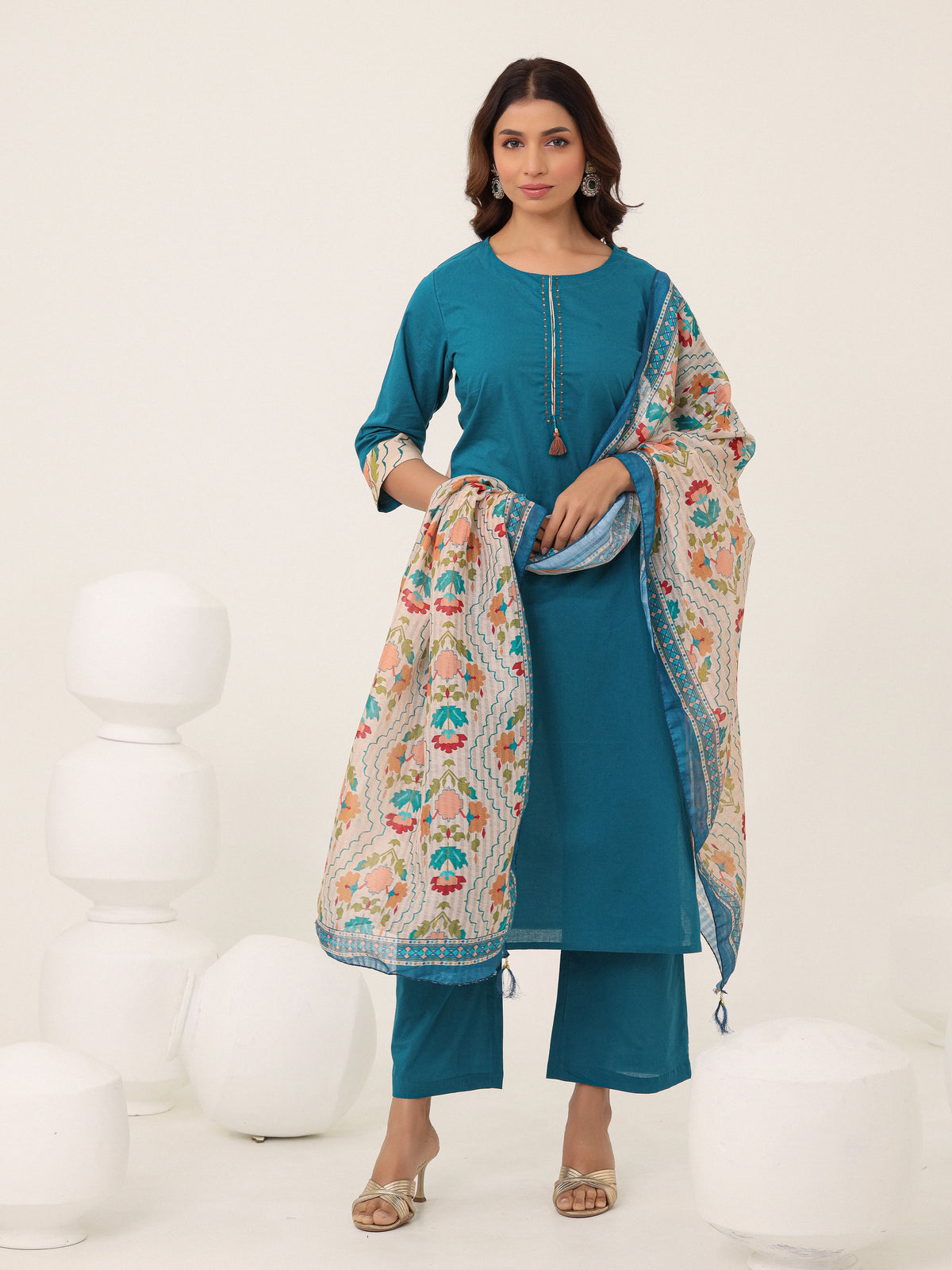 Blue Cotton Printed Dupatta Kurta Set