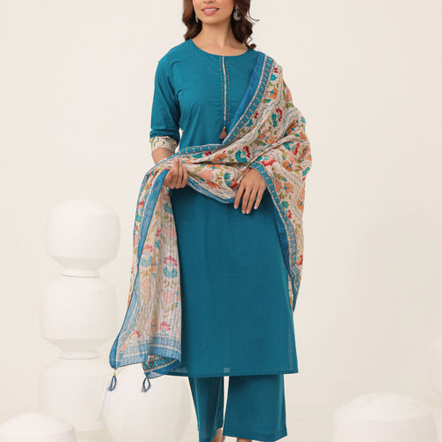 Blue Cotton Printed Dupatta Kurta Set