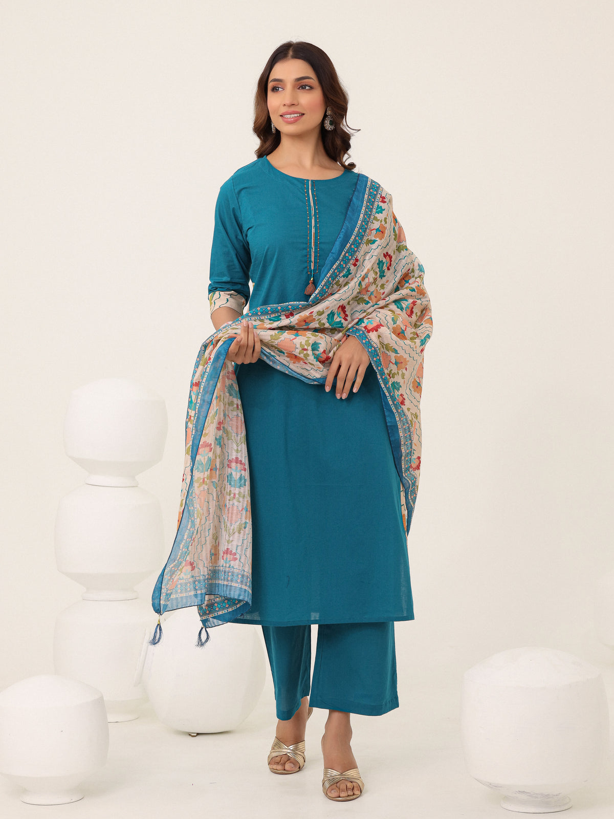 Blue Cotton Printed Dupatta Kurta Set