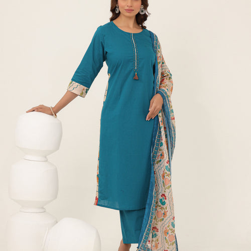 Blue Cotton Printed Dupatta Kurta Set