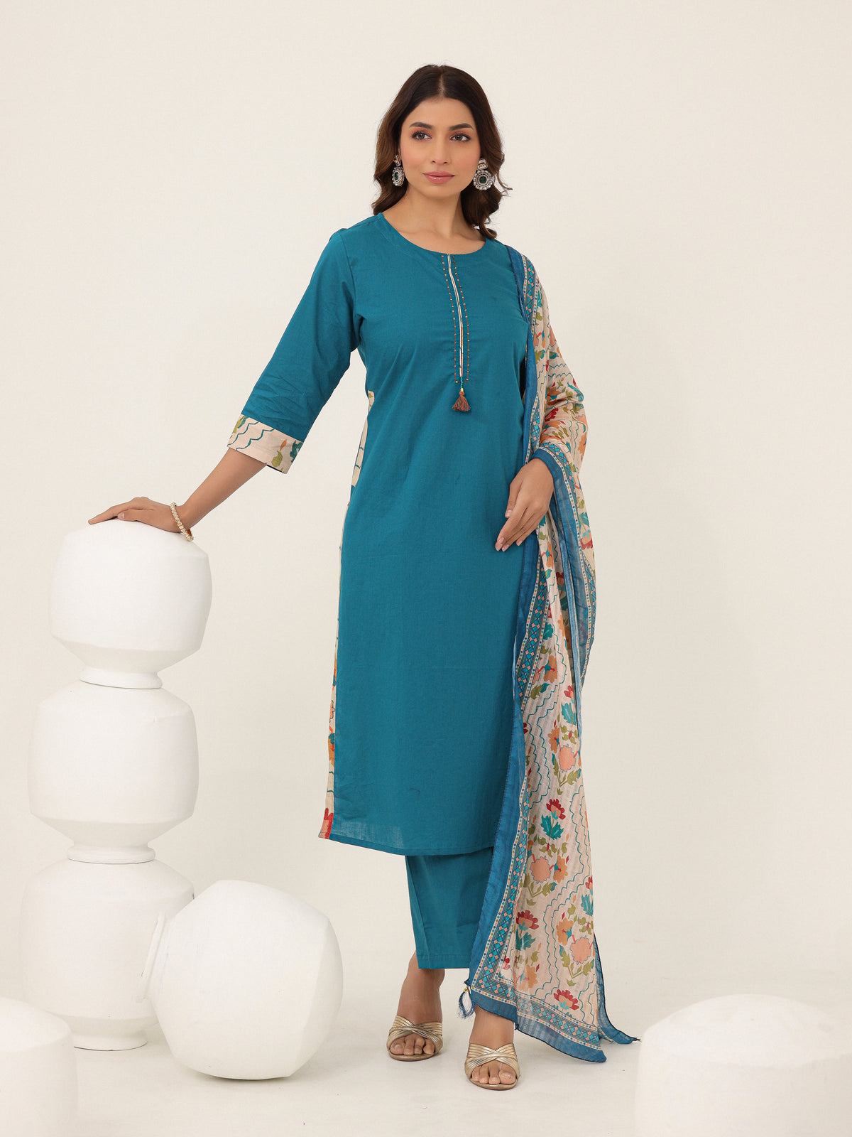 Blue Cotton Printed Dupatta Kurta Set