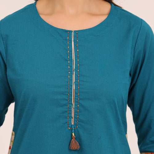 Blue Cotton Printed Dupatta Kurta Set