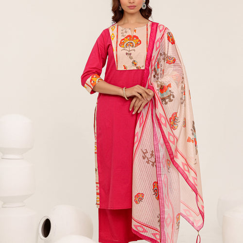 Pink Cotton Printed Dupatta Kurta Set