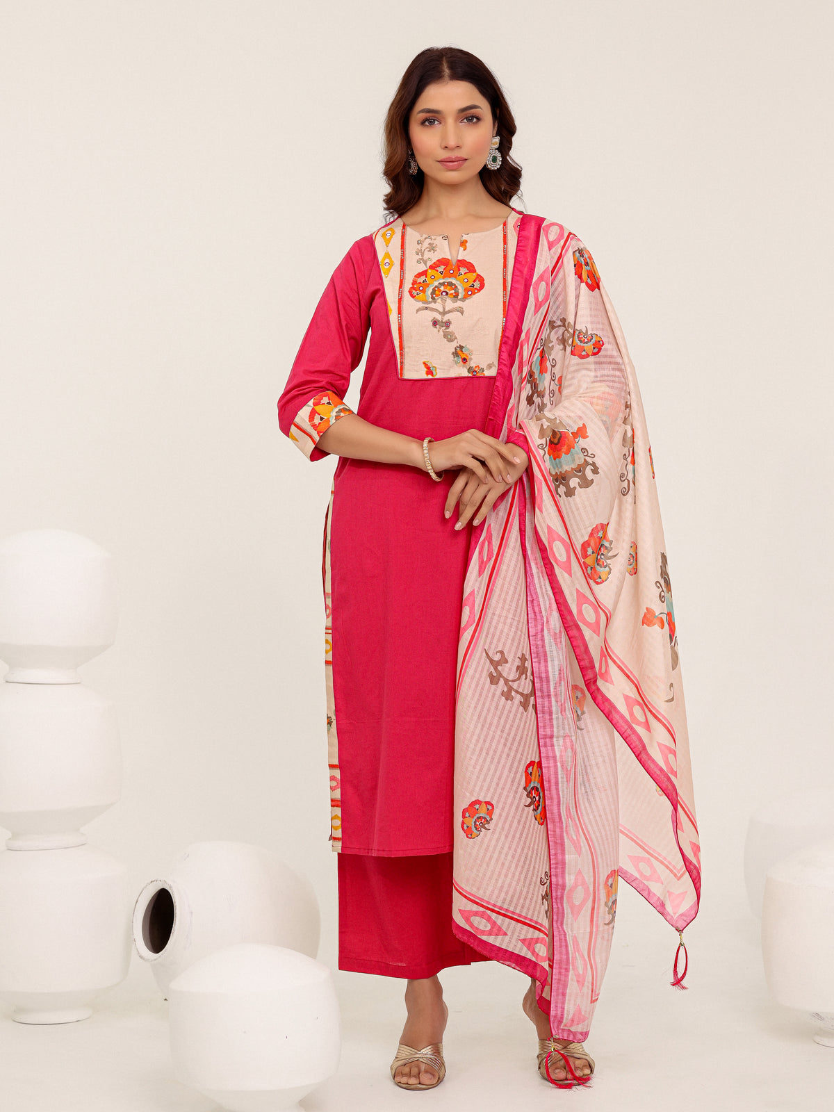 Pink Cotton Printed Dupatta Kurta Set