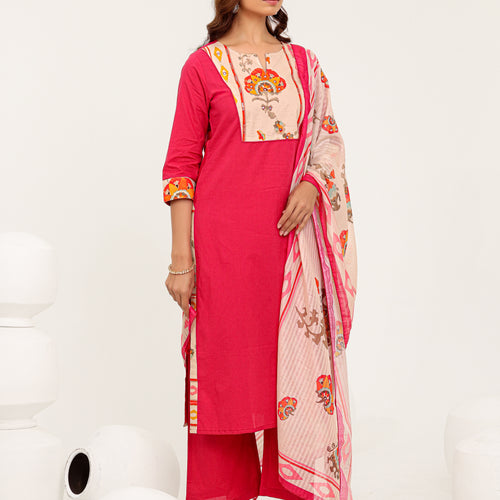Pink Cotton Printed Dupatta Kurta Set