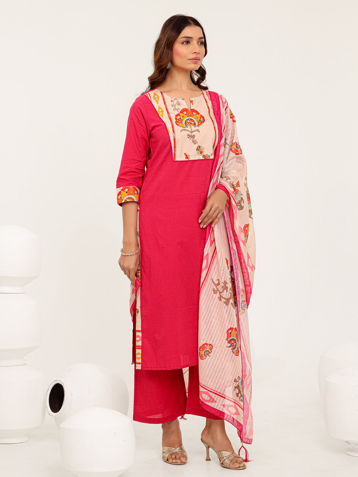 Pink Cotton Printed Dupatta Kurta Set