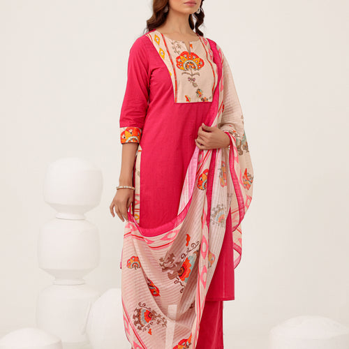 Pink Cotton Printed Dupatta Kurta Set