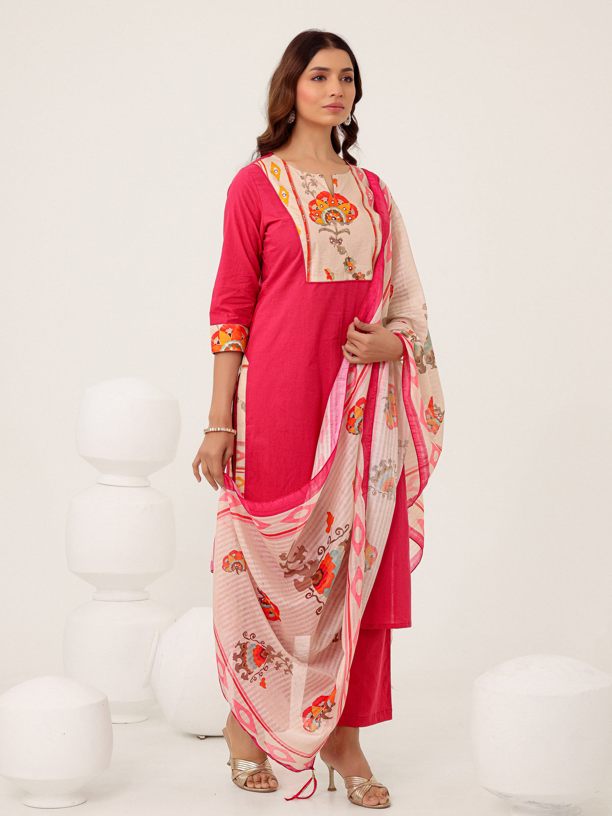 Pink Cotton Printed Dupatta Kurta Set