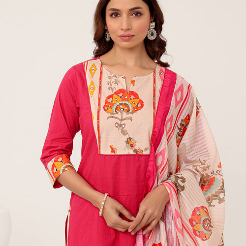 Pink Cotton Printed Dupatta Kurta Set