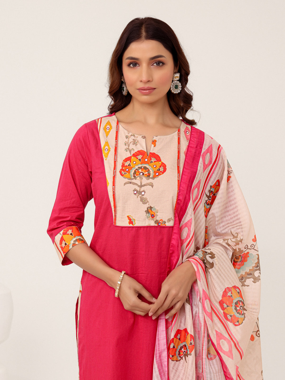 Pink Cotton Printed Dupatta Kurta Set