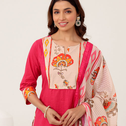 Pink Cotton Printed Dupatta Kurta Set