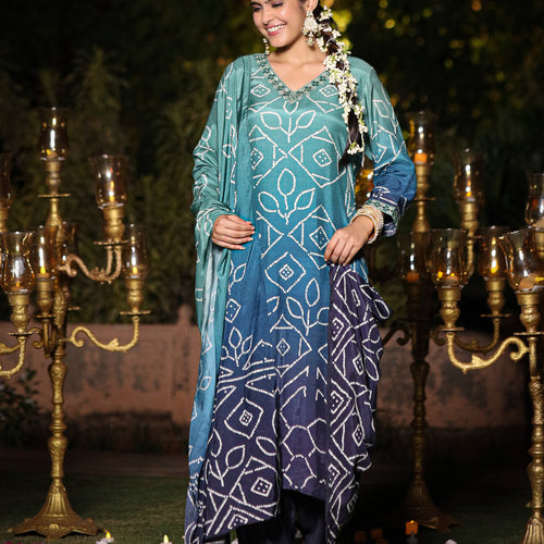 Blue Ombre Bandhni Suit Set